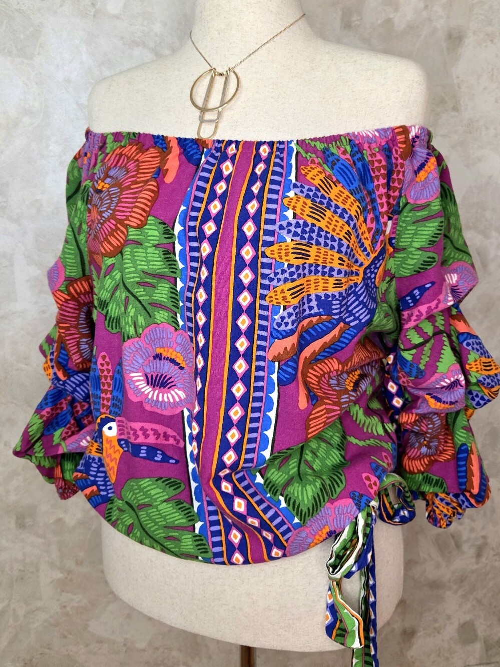 CeCe Tropical Off Shoulder Linen Blend Blouse Medium Farm Rio Inspired Flamenco